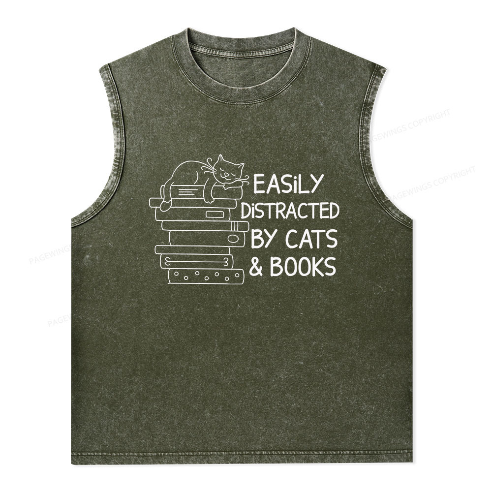Pagewings Easily Distracted By Cats And Books Unisex Washed Tank Top