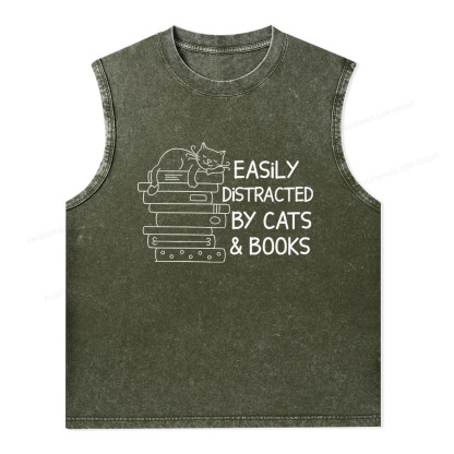 Pagewings Easily Distracted By Cats And Books Unisex Washed Tank Top
