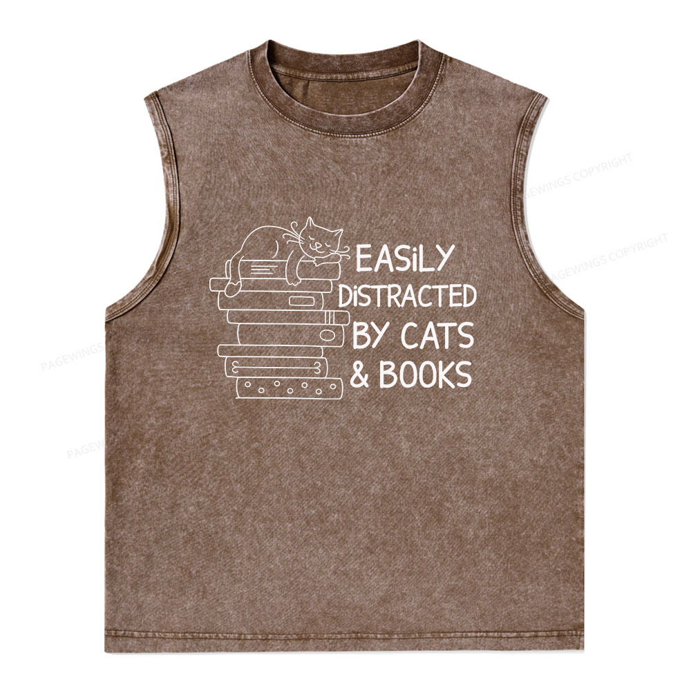 Pagewings Easily Distracted By Cats And Books Unisex Washed Tank Top