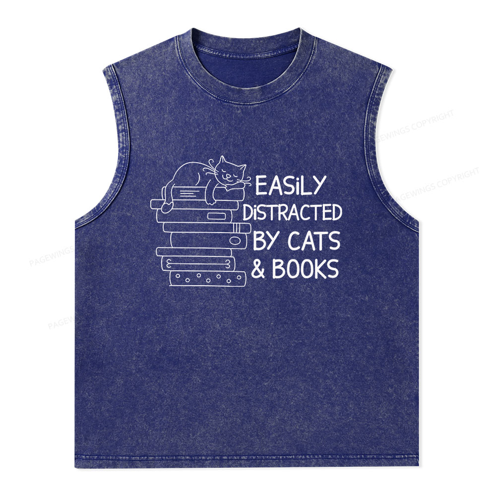 Pagewings Easily Distracted By Cats And Books Unisex Washed Tank Top