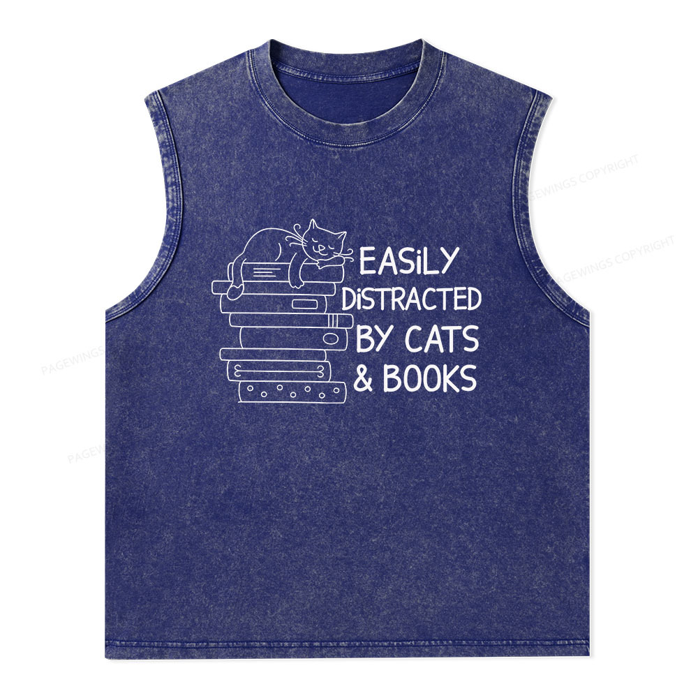 Pagewings Easily Distracted By Cats And Books Unisex Washed Tank Top