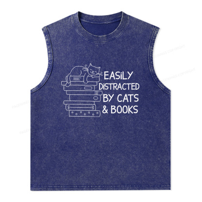 Pagewings Easily Distracted By Cats And Books Unisex Washed Tank Top