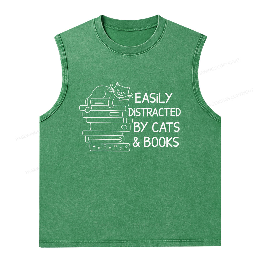 Pagewings Easily Distracted By Cats And Books Unisex Washed Tank Top