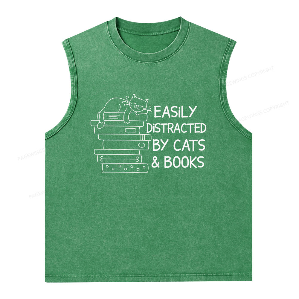 Pagewings Easily Distracted By Cats And Books Unisex Washed Tank Top