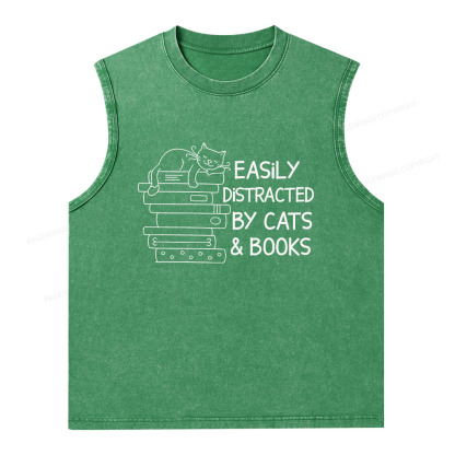 Pagewings Easily Distracted By Cats And Books Unisex Washed Tank Top