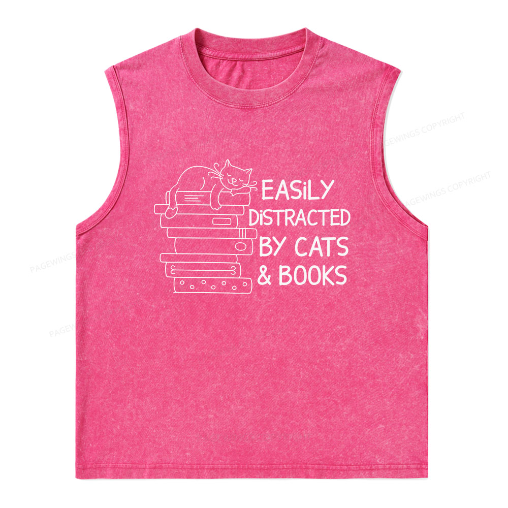 Pagewings Easily Distracted By Cats And Books Unisex Washed Tank Top