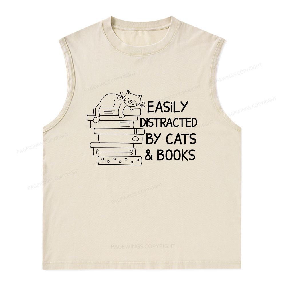 Pagewings Easily Distracted By Cats And Books Unisex Washed Tank Top