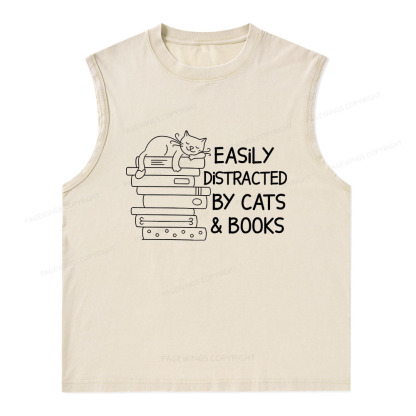 Pagewings Easily Distracted By Cats And Books Unisex Washed Tank Top