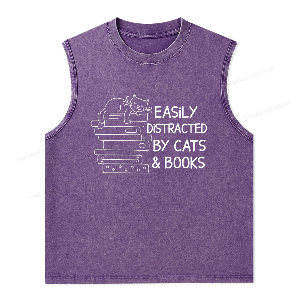 Pagewings Easily Distracted By Cats And Books Unisex Washed Tank Top