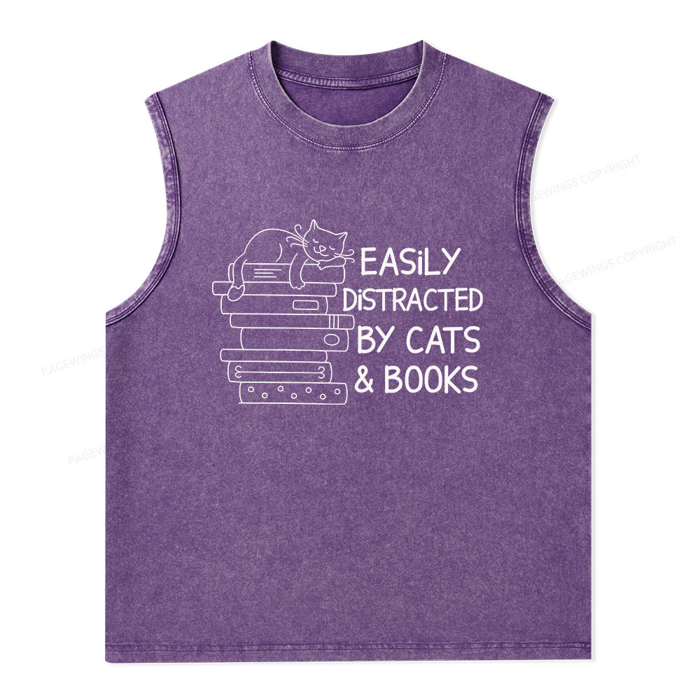 Pagewings Easily Distracted By Cats And Books Unisex Washed Tank Top