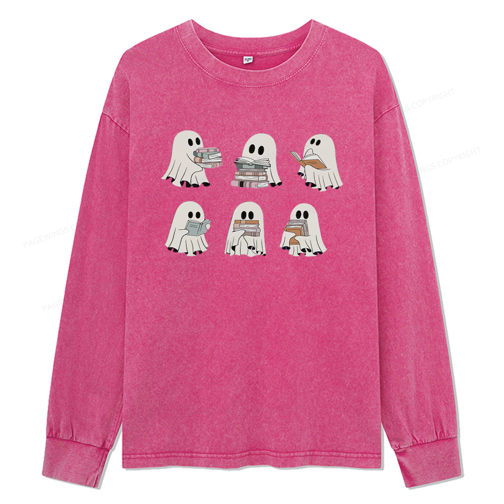 pagewings Ghost Reading Halloween Unisex Washed Long Sleeve T-shirt