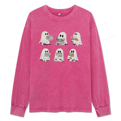 pagewings Ghost Reading Halloween Unisex Washed Long Sleeve T-shirt