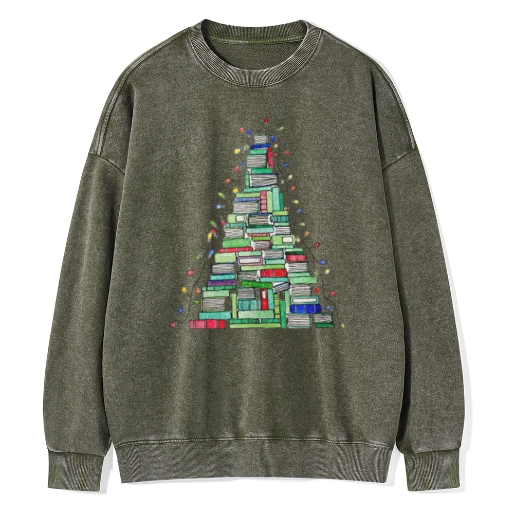 Pagewings Christmas Book Tree Unisex Washed Sweatshirt