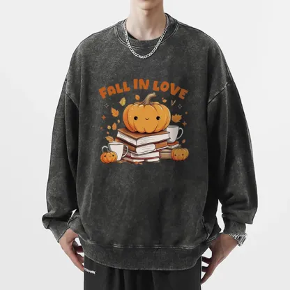 Pagewings  Thanksgiving Fall in Love with Reading Unisex Washed Sweatshirt
