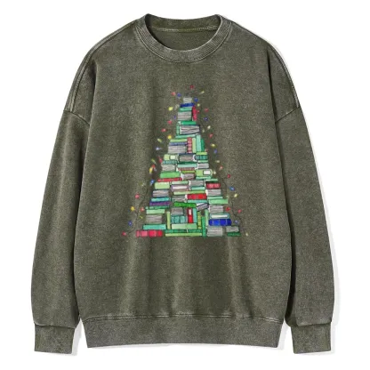 Pagewings Christmas Book Tree Unisex Washed Sweatshirt