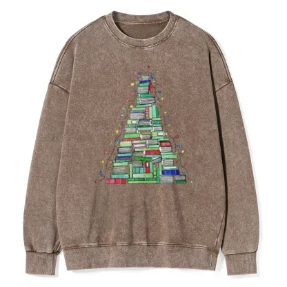 Pagewings Christmas Book Tree Unisex Washed Sweatshirt