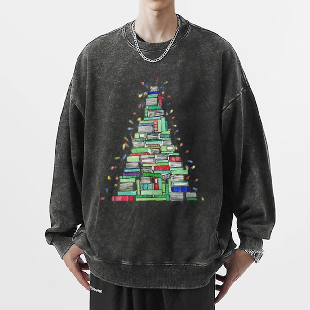 Pagewings Christmas Book Tree Unisex Washed Sweatshirt