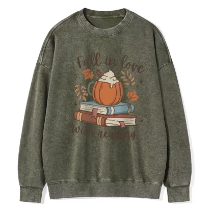 Pagewings   Thanksgiving Fall in Love with Reading Unisex Washed Sweatshirt