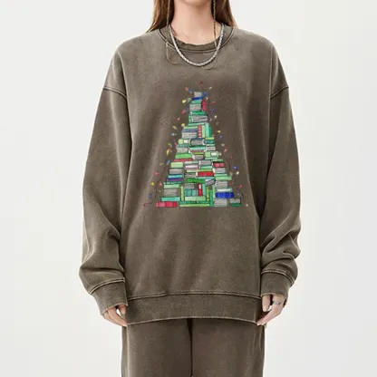 Pagewings Christmas Book Tree Unisex Washed Sweatshirt