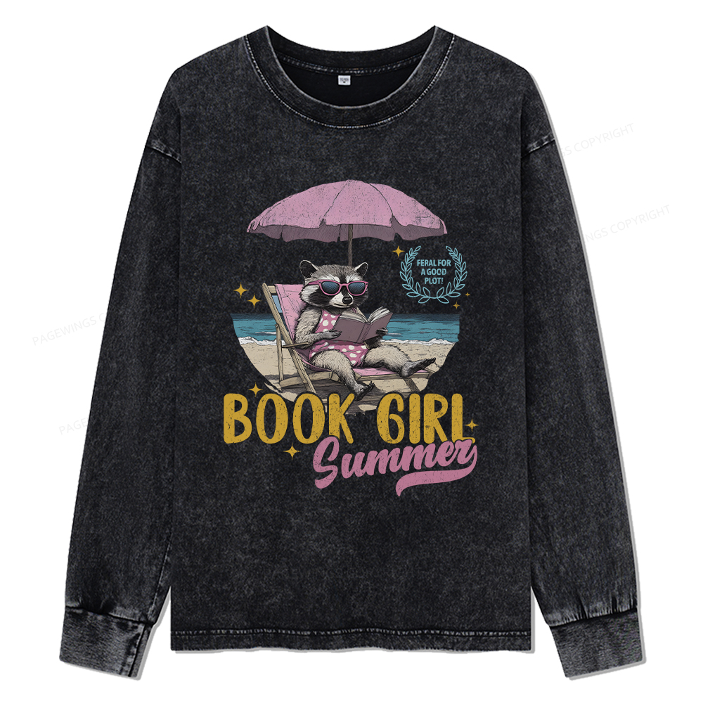 Pagewings Book Girl Summer Unisex Washed Long Sleeve T-shirt