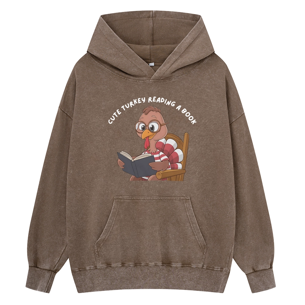 Pagewings Thanksgiving Turkey Reading A Book Unisex Washed Hoodie