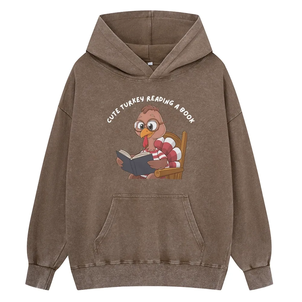 Pagewings Thanksgiving Turkey Reading A Book Unisex Washed Hoodie