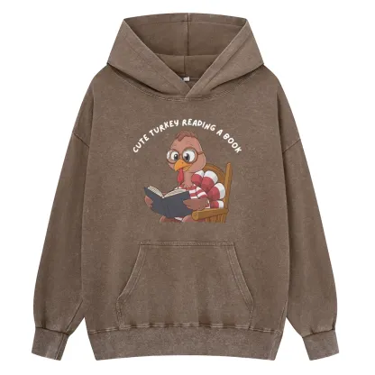 Pagewings Thanksgiving Turkey Reading A Book Unisex Washed Hoodie