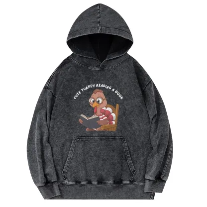 Pagewings Thanksgiving Turkey Reading A Book Unisex Washed Hoodie