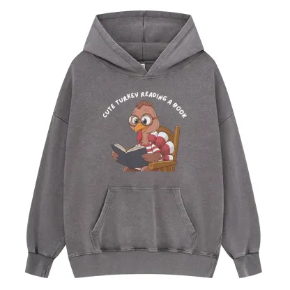 Pagewings Thanksgiving Turkey Reading A Book Unisex Washed Hoodie