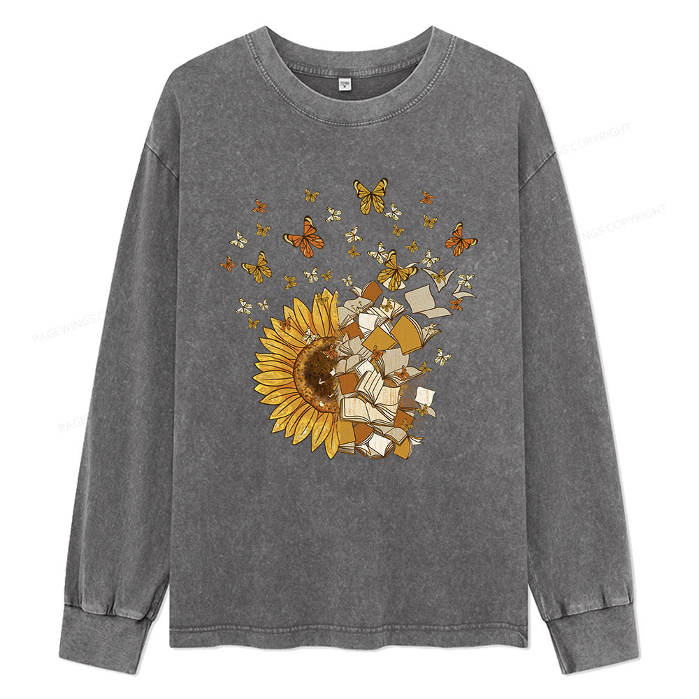 Pagewings Sunflower And Book Harmony Unisex Washed Long Sleeve T-shirt