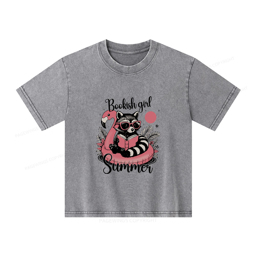 Pagewings Feral Bookish Girl Summer Unisex Kids Washed T-shirt