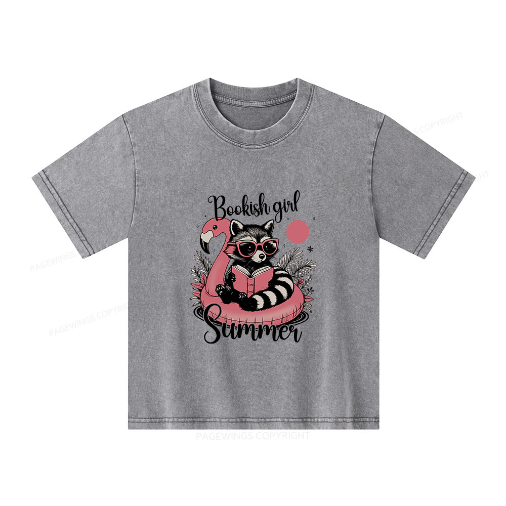 Pagewings Feral Bookish Girl Summer Unisex Kids Washed T-shirt