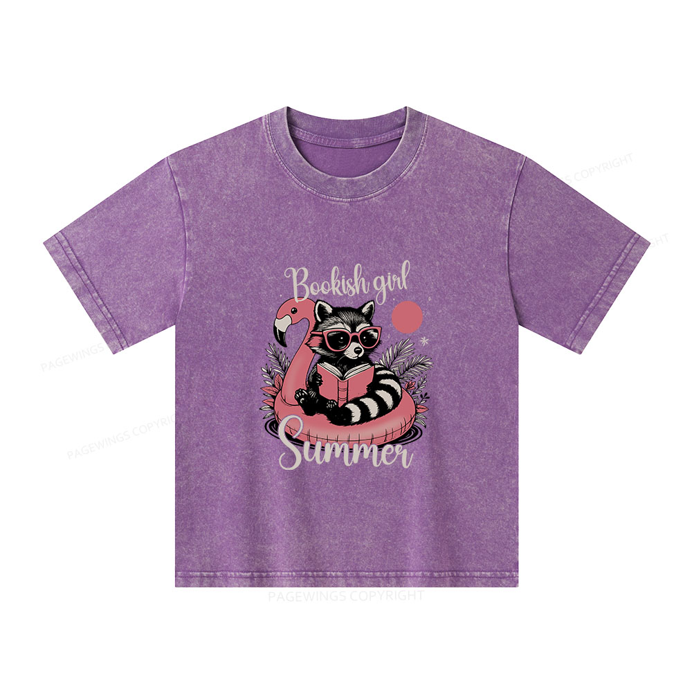 Pagewings Feral Bookish Girl Summer Unisex Kids Washed T-shirt