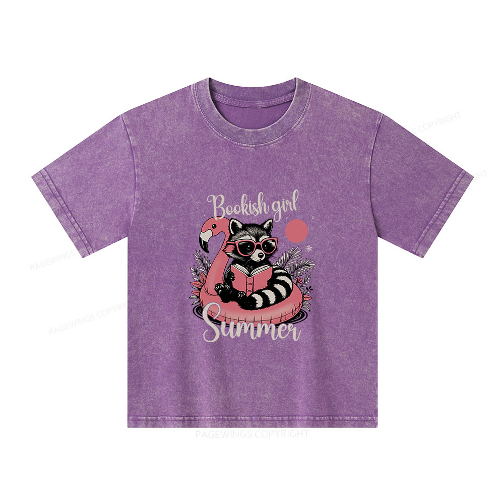 Pagewings Feral Bookish Girl Summer Unisex Kids Washed T-shirt