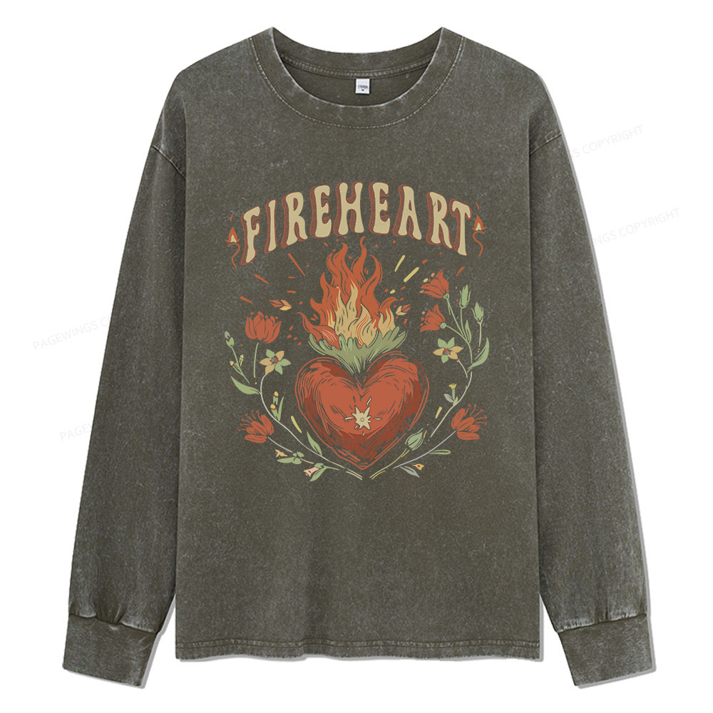 Pagewings Vintage Fire-heart Unisex Washed Long Sleeve T-shirt
