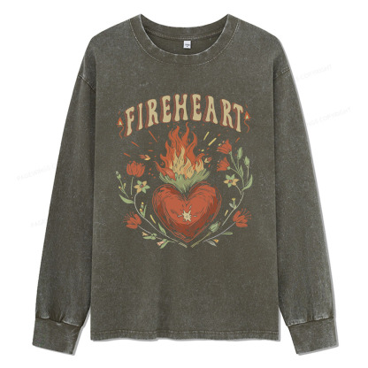 Pagewings Vintage Fire-heart Unisex Washed Long Sleeve T-shirt