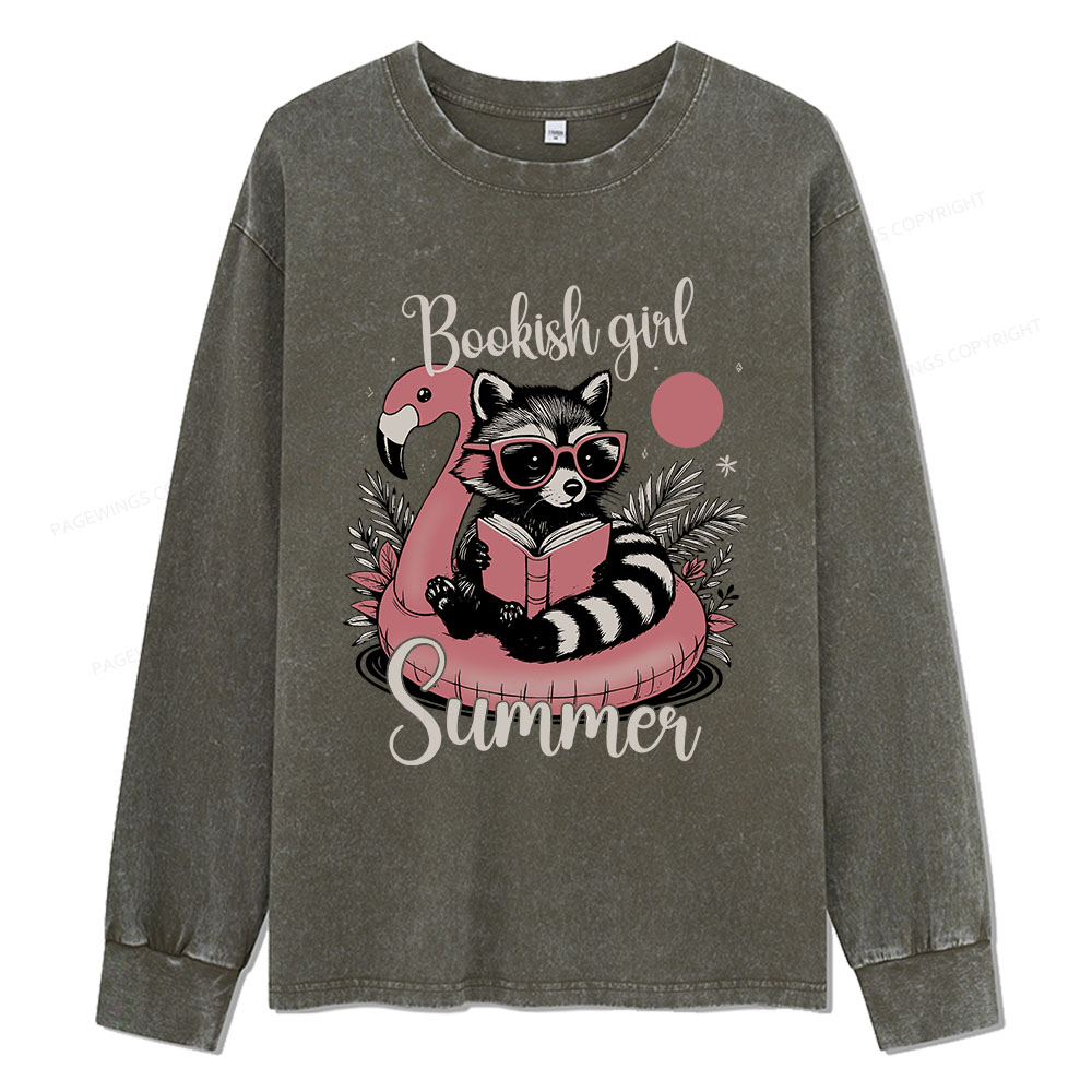 Pagewings Feral Bookish Girl Summer Unisex Washed Long Sleeve T-shirt