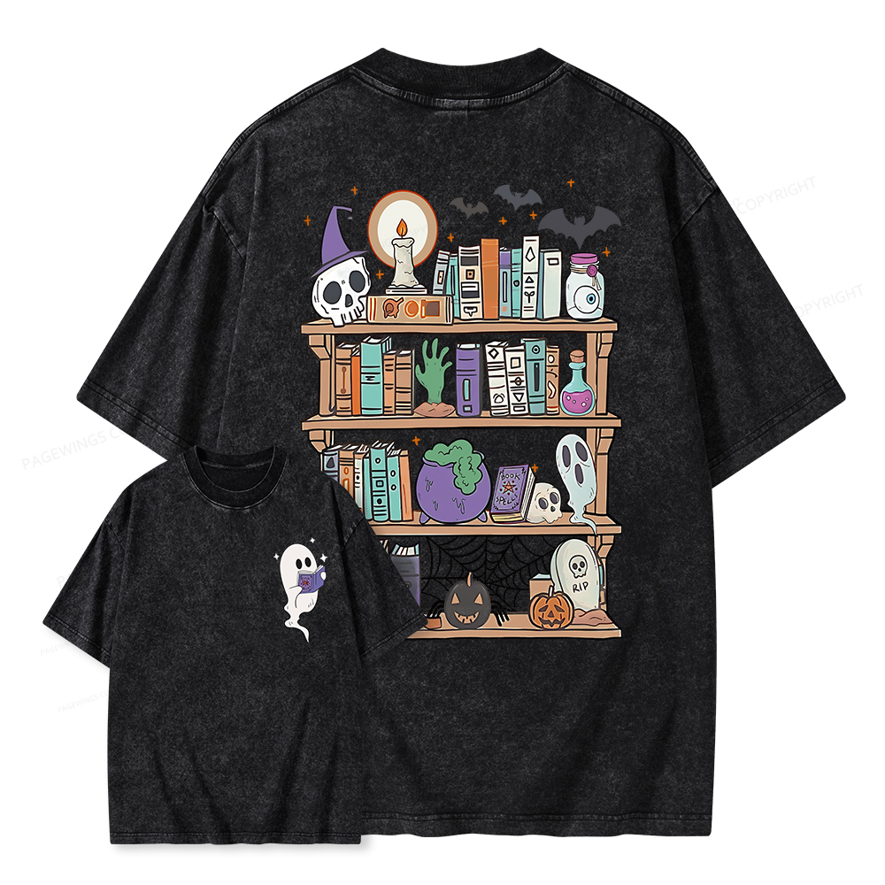 Pagewings Ghost Book Reader Halloween Unisex Washed T-shirt