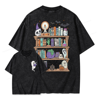 Pagewings Ghost Book Reader Halloween Unisex Washed T-shirt