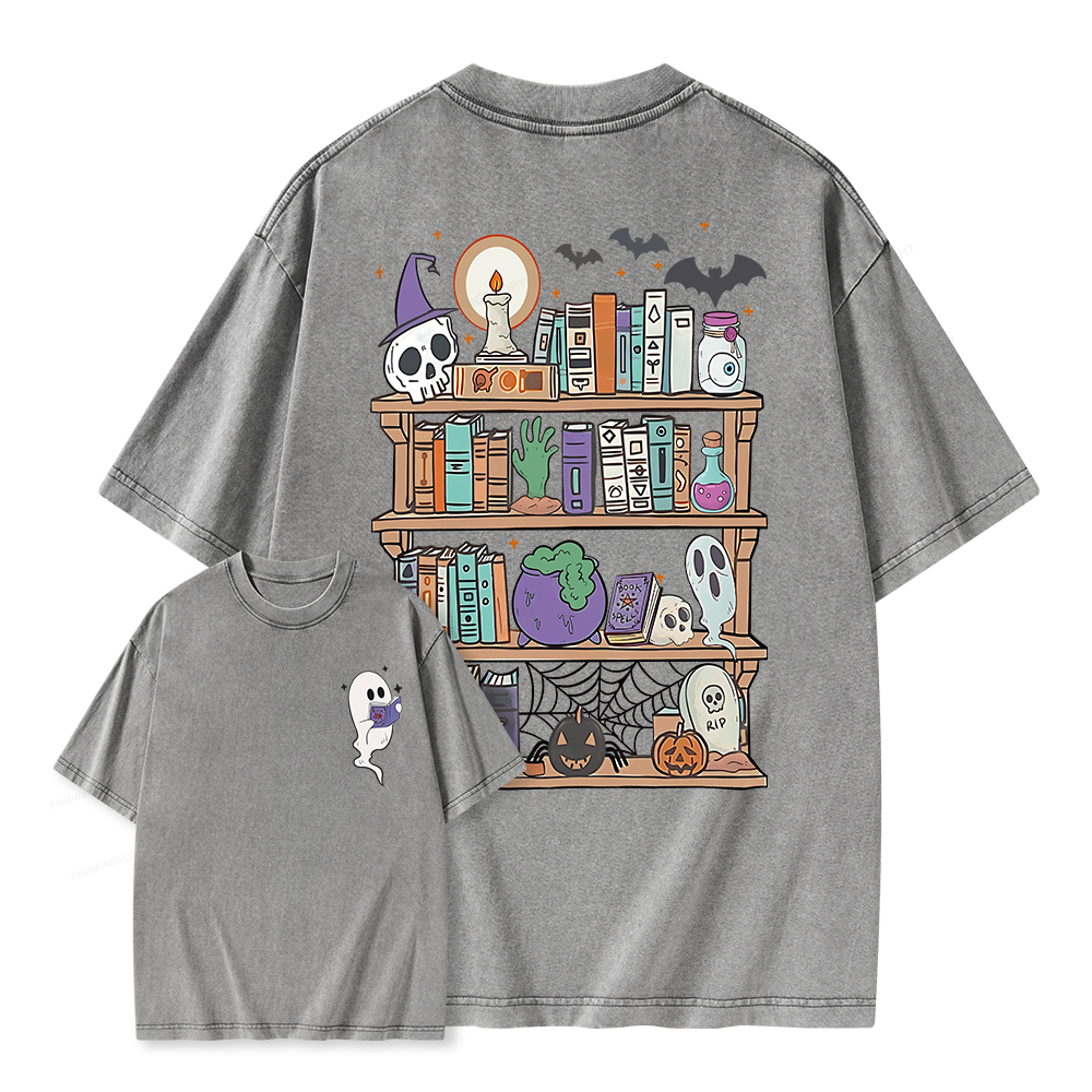Pagewings Ghost Book Reader Halloween Unisex Washed T-shirt