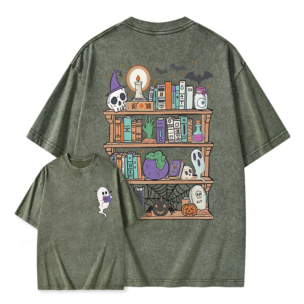 Pagewings Ghost Book Reader Halloween Unisex Washed T-shirt