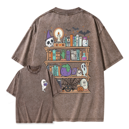 Pagewings Ghost Book Reader Halloween Unisex Washed T-shirt