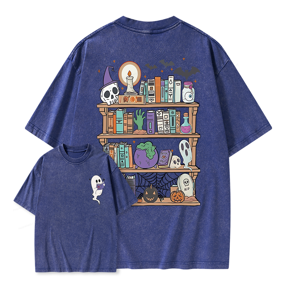 Pagewings Ghost Book Reader Halloween Unisex Washed T-shirt
