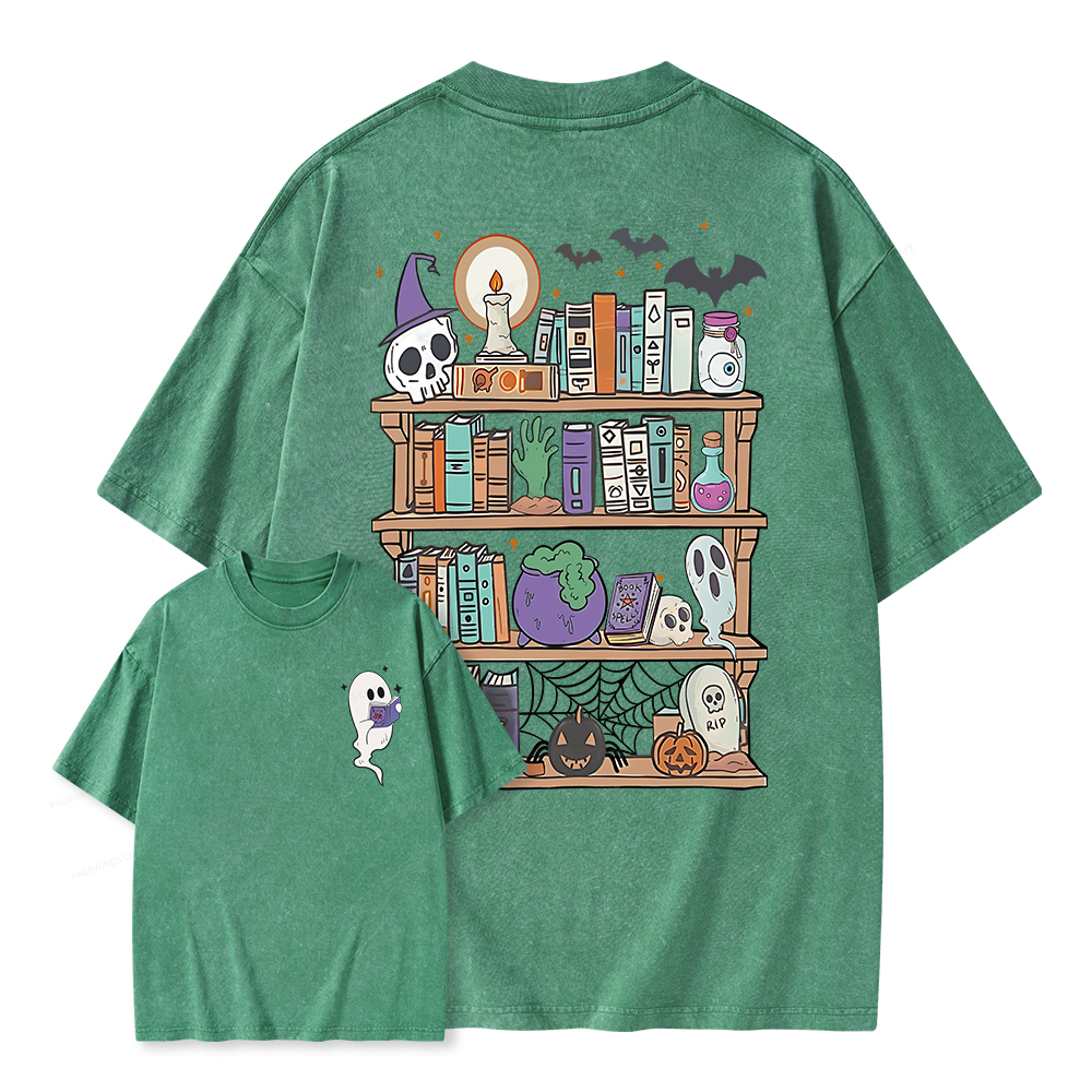Pagewings Ghost Book Reader Halloween Unisex Washed T-shirt
