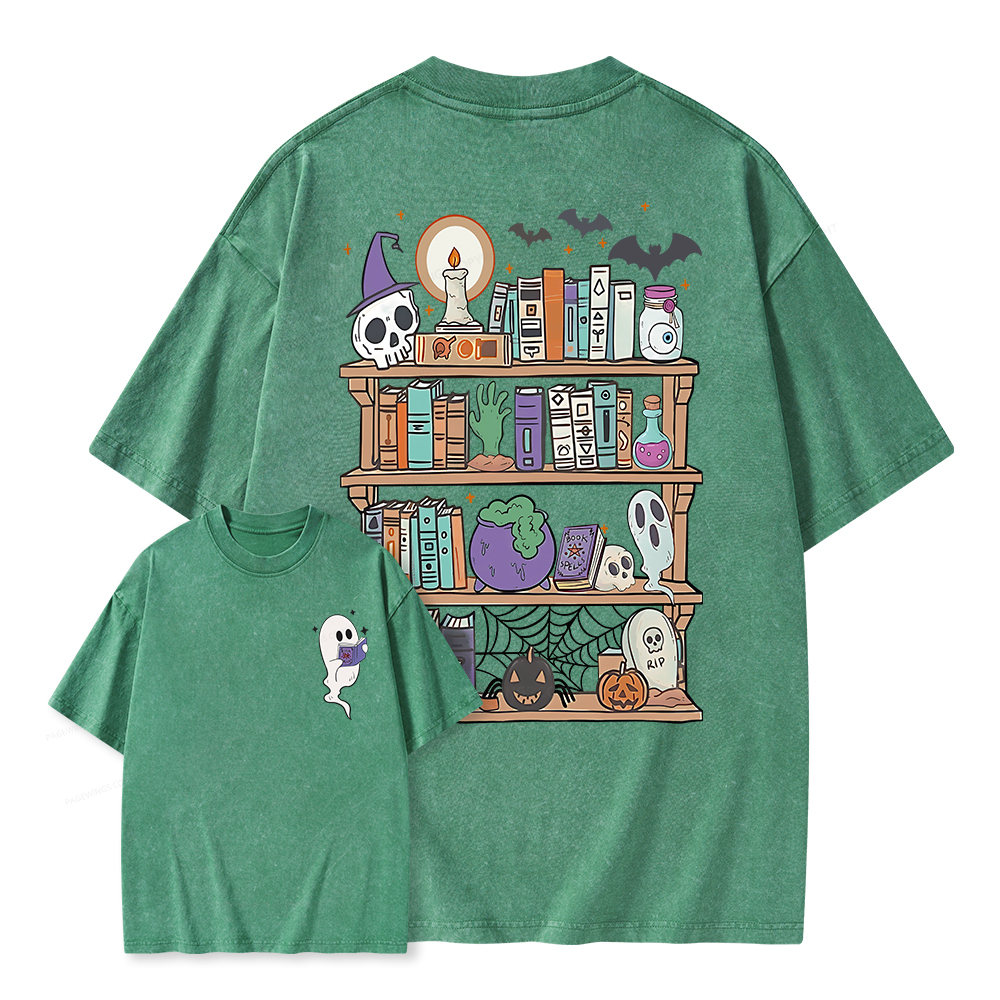 Pagewings Ghost Book Reader Halloween Unisex Washed T-shirt