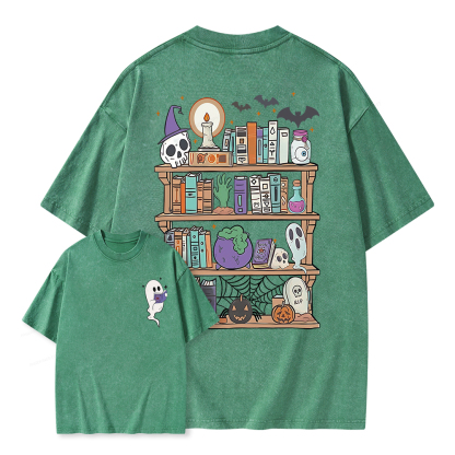 Pagewings Ghost Book Reader Halloween Unisex Washed T-shirt