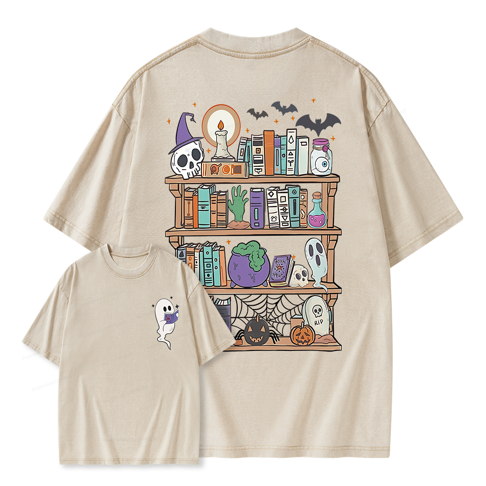 Pagewings Ghost Book Reader Halloween Unisex Washed T-shirt