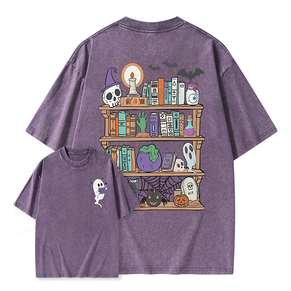 Pagewings Ghost Book Reader Halloween Unisex Washed T-shirt