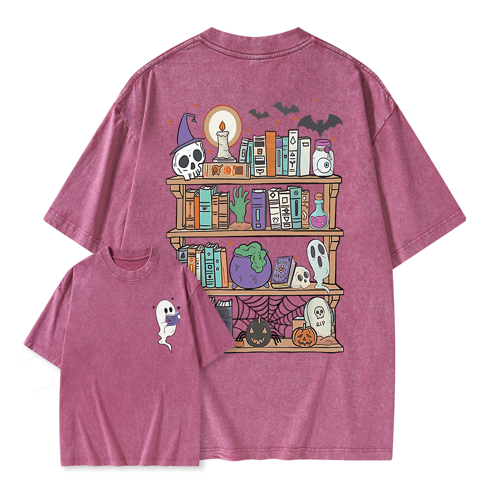 Pagewings Ghost Book Reader Halloween Unisex Washed T-shirt