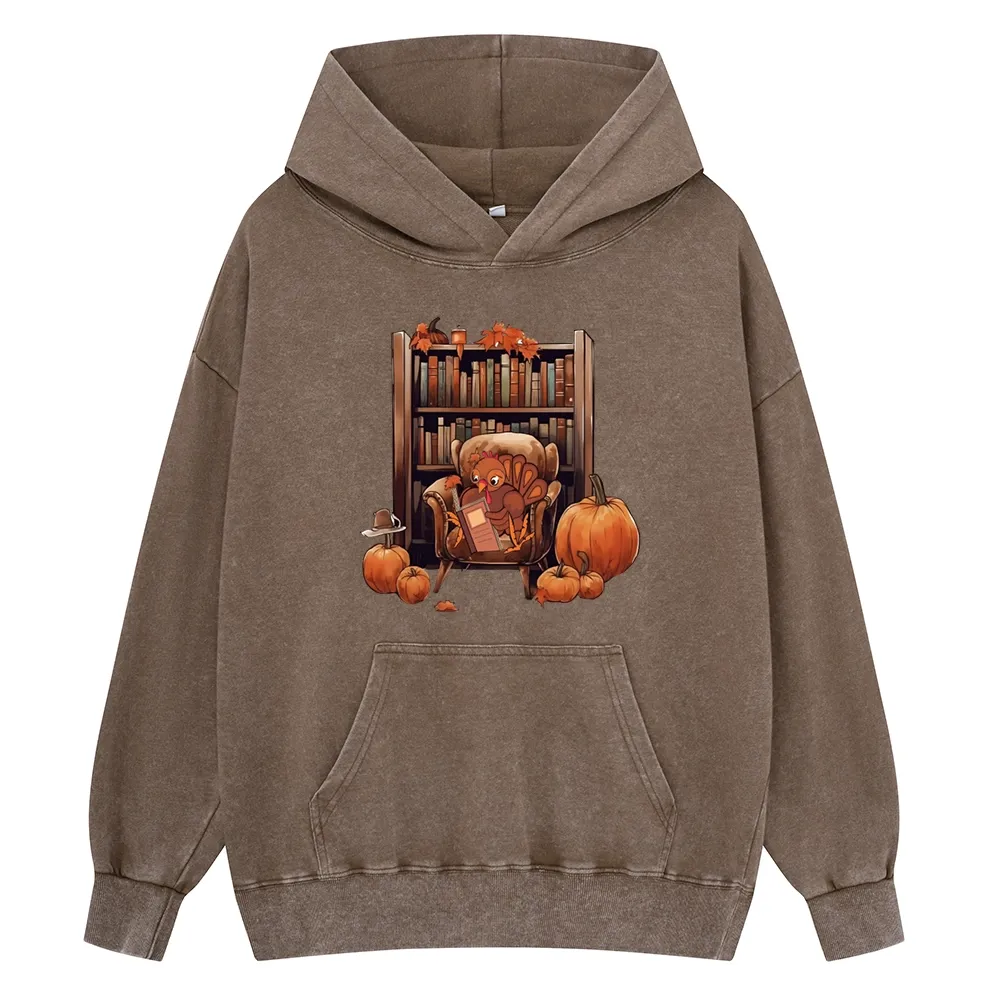 Pagewings Thanksgiving Turkey Reading Unisex Washed Hoodie